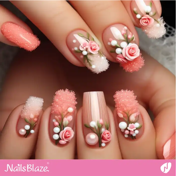 Textured Peach Fuzz Flower Nails | Color of the Year 2024 - NB1736